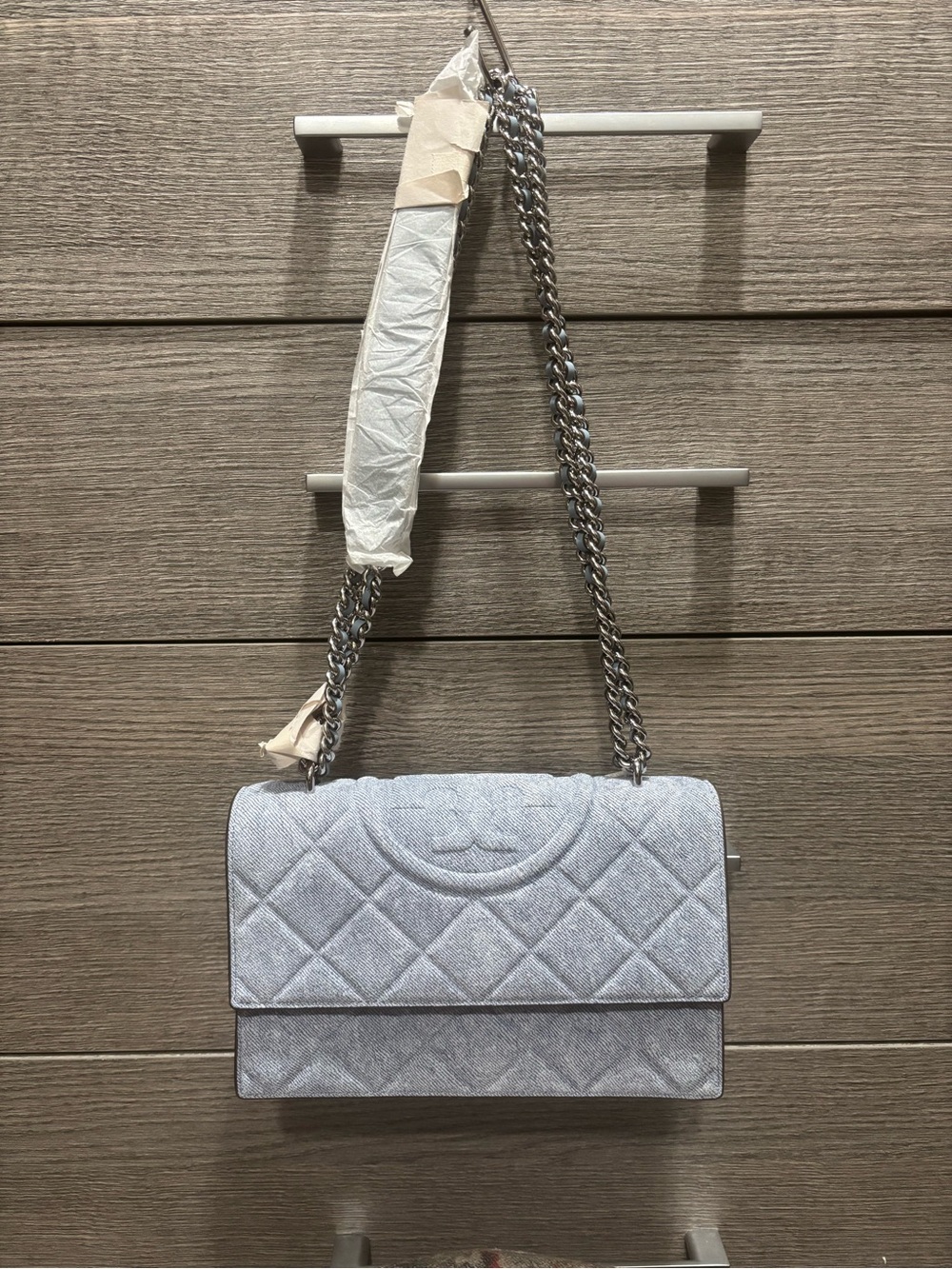 Tory Burch SMALL FLEMING DENIM-PRINT SUEDE SHOULDER BAG